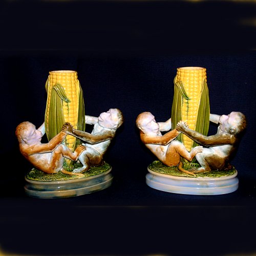 brownfield majolica monkey vases